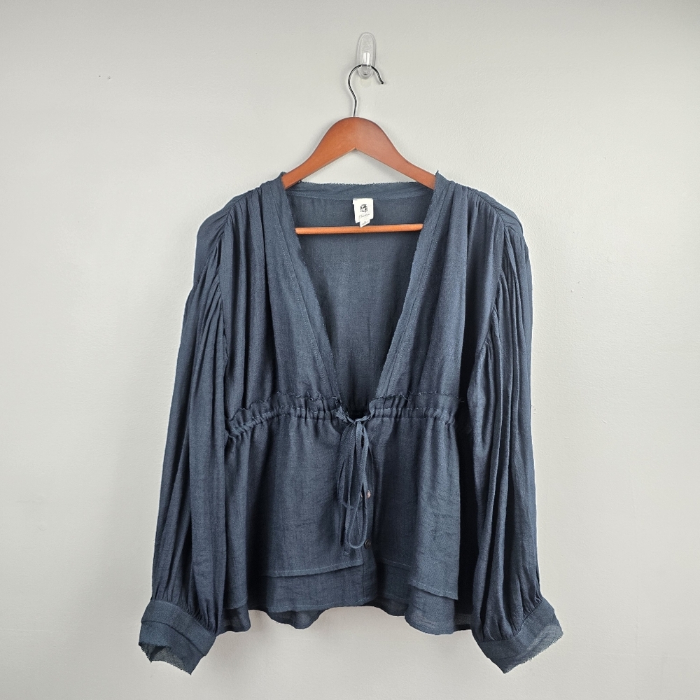 Flawless Drawstring Peasant Blouse V-neck Blue Womens Size S Boho Cottagecore - Picture 2 of 8